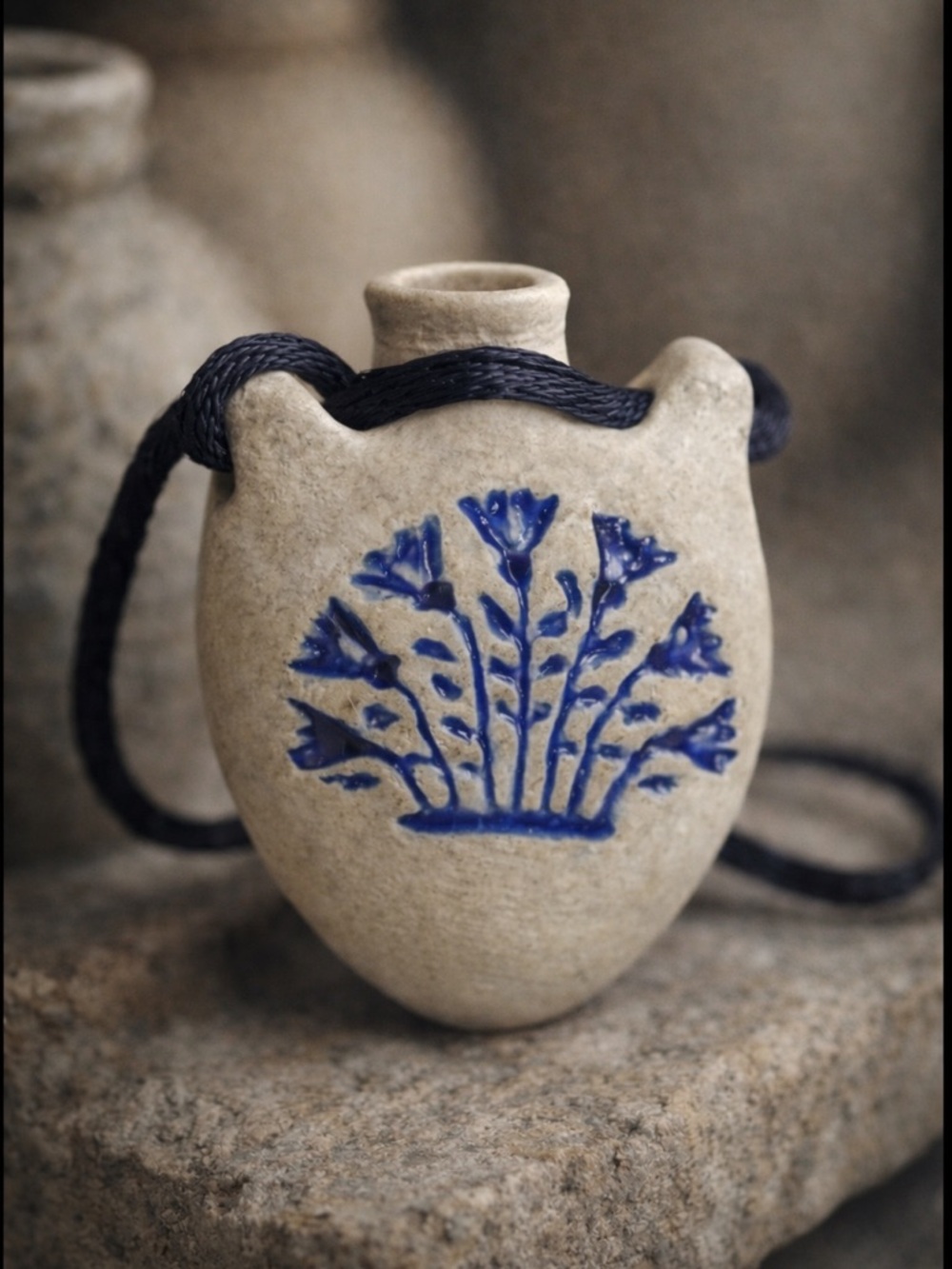 Blue Floral Earthenware Amulet Artisan Studio Pottery Hollow Vessel